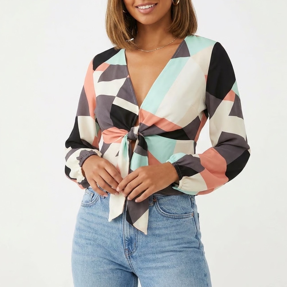 Forever 21 Contemporary Geometric Tie Front Blouse XS Multicolor Abstract V-Neck